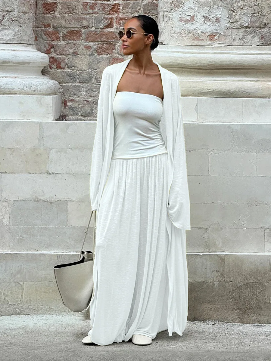 Bornladies Autumn Beachwear Long Sleeved Cardigan Set Women's Maxi Shawl Collar Cardigan Wide Leg Palazzo Pants Set