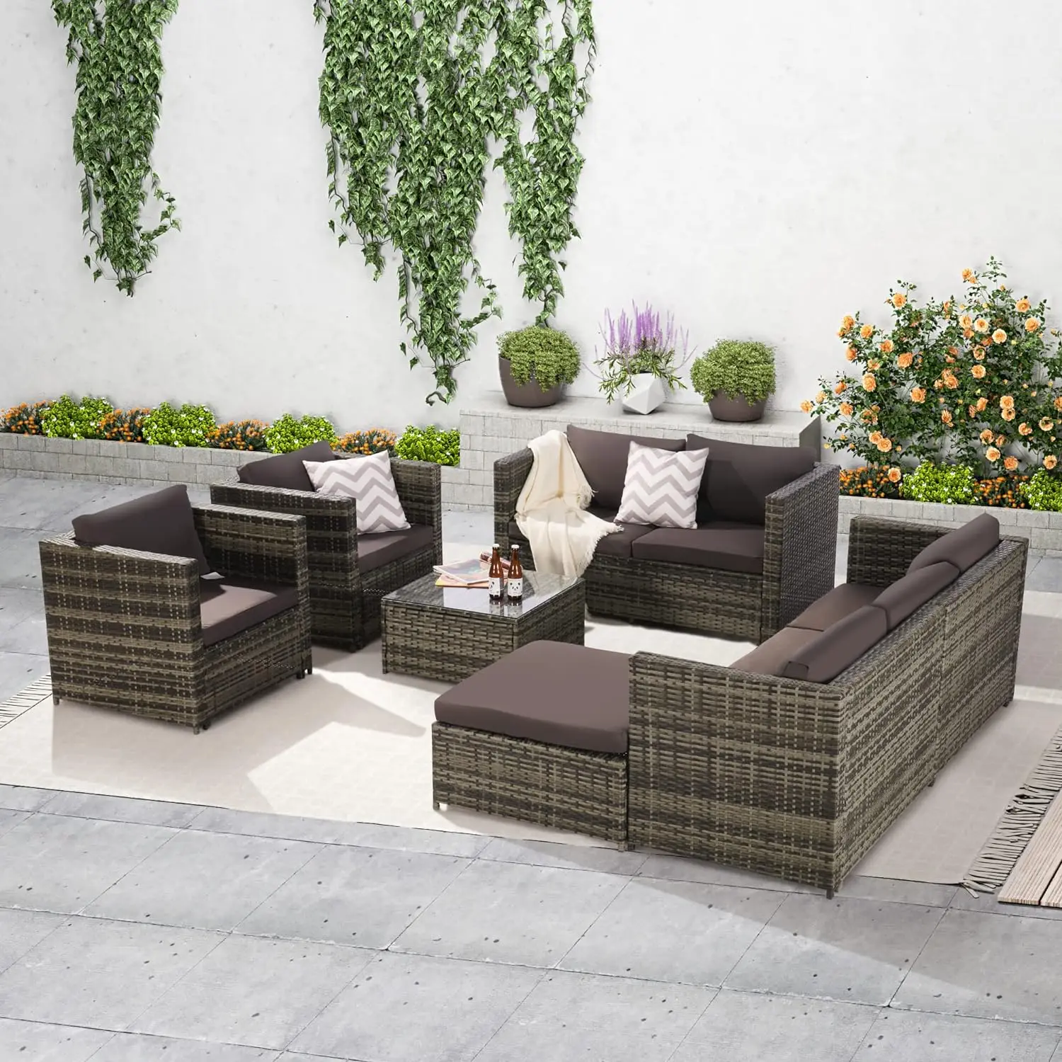 

Outdoor Furniture Three, Double, Coffer Table,Ottoman,2 Single Seater, Weather Wicker (Dark Gray), Patio Conversation Sectional