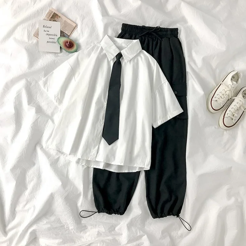 E-BAIHU 2025 화이트 셔츠 여성 블라우스 반팔 라펠 블라우스 타이 포함 일본 패션 학생 여름 데일리 대학 스타일 탑