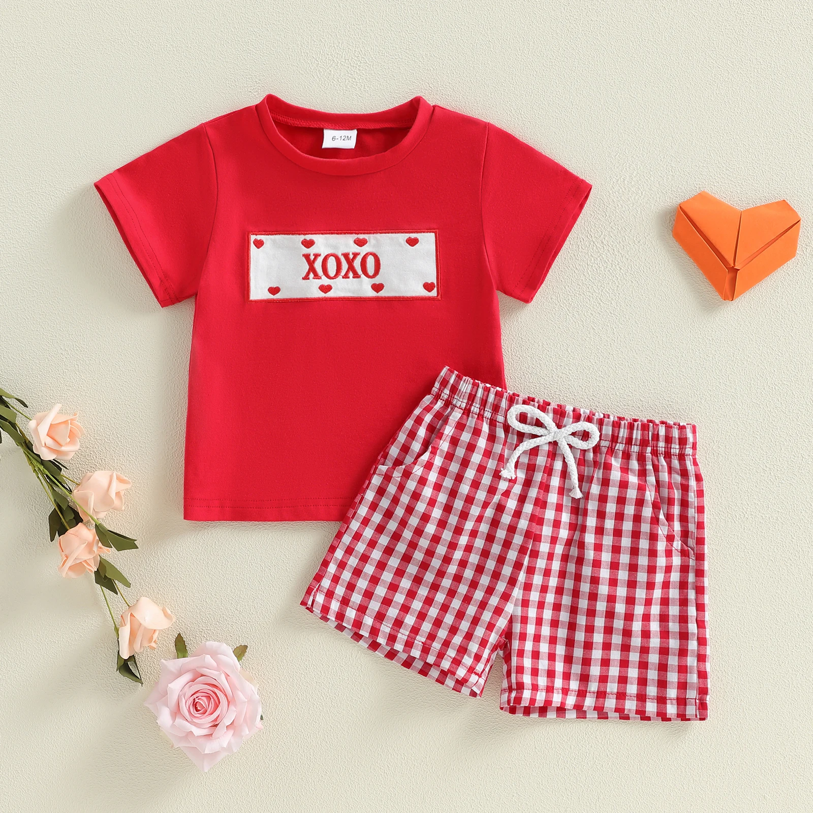 Children s Summer Ensemble Embroidered Short-Sleeve Tee and Plaid Shorts Set for Valentine s Day Outfit