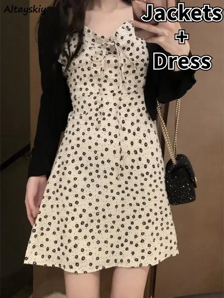 

2 Pcs Sets Women Floral Mini Dress Open-stitch Jackets Elegant Spring Holiday Casual Simple Basics Clothing Streetwear Mujer New