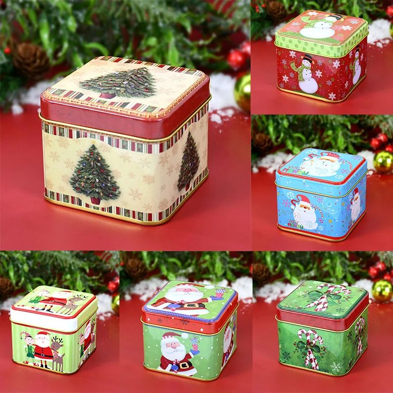 

1pcs Christmas Tin Box Cartoon Snowman Santa Claus Pattern Storage Box Merry Christmas Metal Candy Cookie Jar Home Decorations