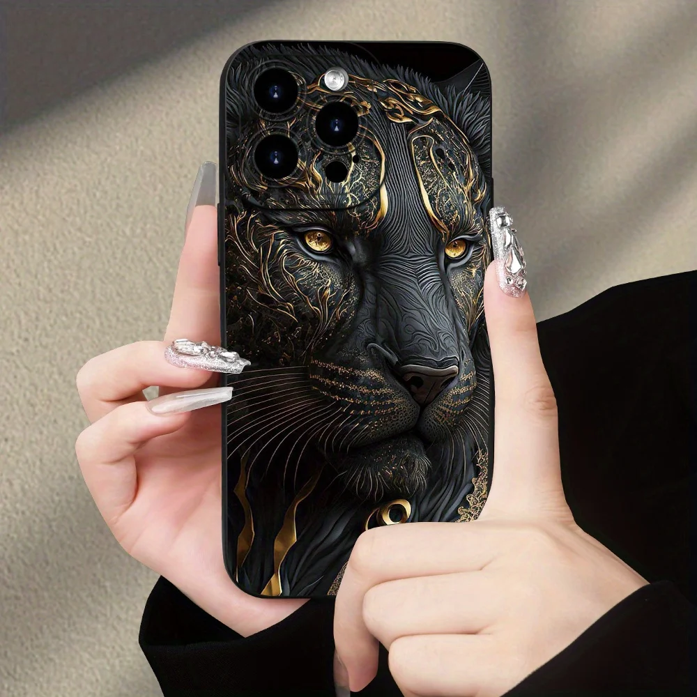 Golden Gilded Black Lion Pattern Phone Case - Luxury Protective Back Cover