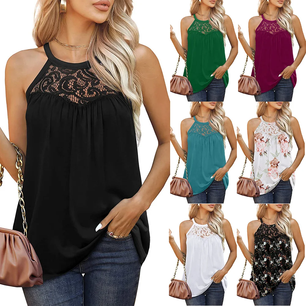 Womens Tank Tops Loose Fit Summer Lace Halter Tops Sleeveless Shirts Pleated 1