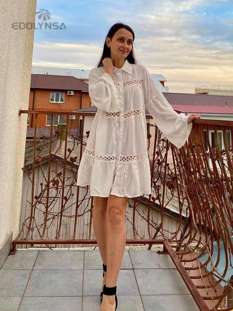 Women Summer Fashion Beach Tops Swimsuit Cover Up Summer Long Sleeve White Pocket Button Front Open Shirt Dress N648 5