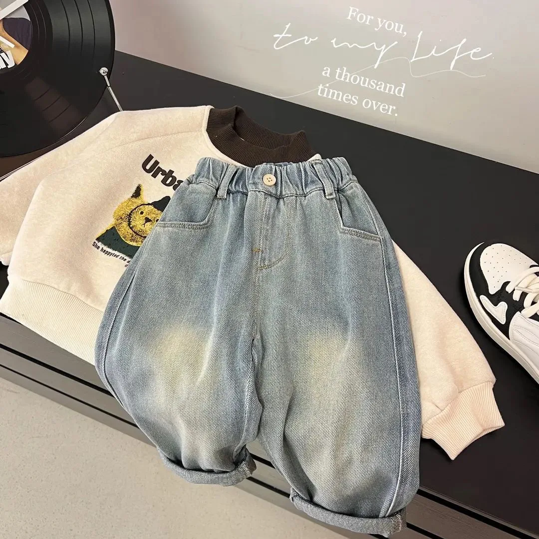 KIDWHXR 베이비 보이즈 데님 바지 패션 프린트 포켓 소년 청바지 캐주얼 다목적 신축성 있는 허리 어린이 소년 바지