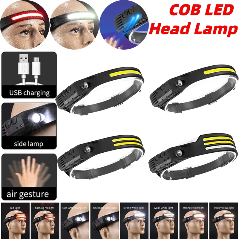 

COB LED Sensor Headlamp Head Torch Camping Lantern Search Light Type-C USB Rechargeable Flashlight Fishing Headlight Work Light