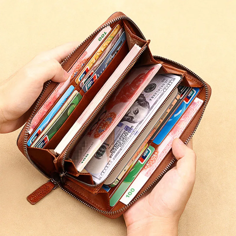 Wallet Men's long wallet Leather multi slot mobile phone card bag Anti theft card swiping driver's license cowhide zipper wallet