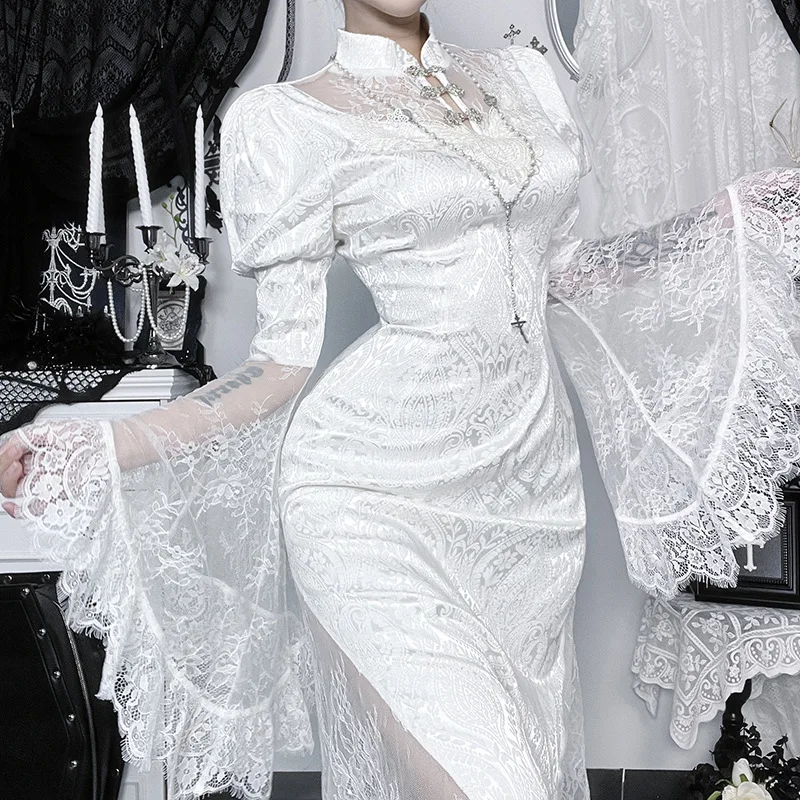 fitted lace wedding dress Ultimate '90s Princess Grunge Waffle Dress in Black with Lace Mesh Sleeve Detail