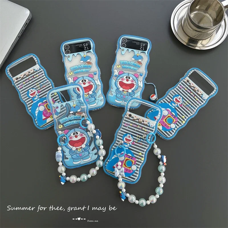 

Cute Doraemon with bracelet wave texture Phone Case for Samsung Galaxy Z Flip 3 Hard PC Back forZ Flip 4 Case Protective Shell