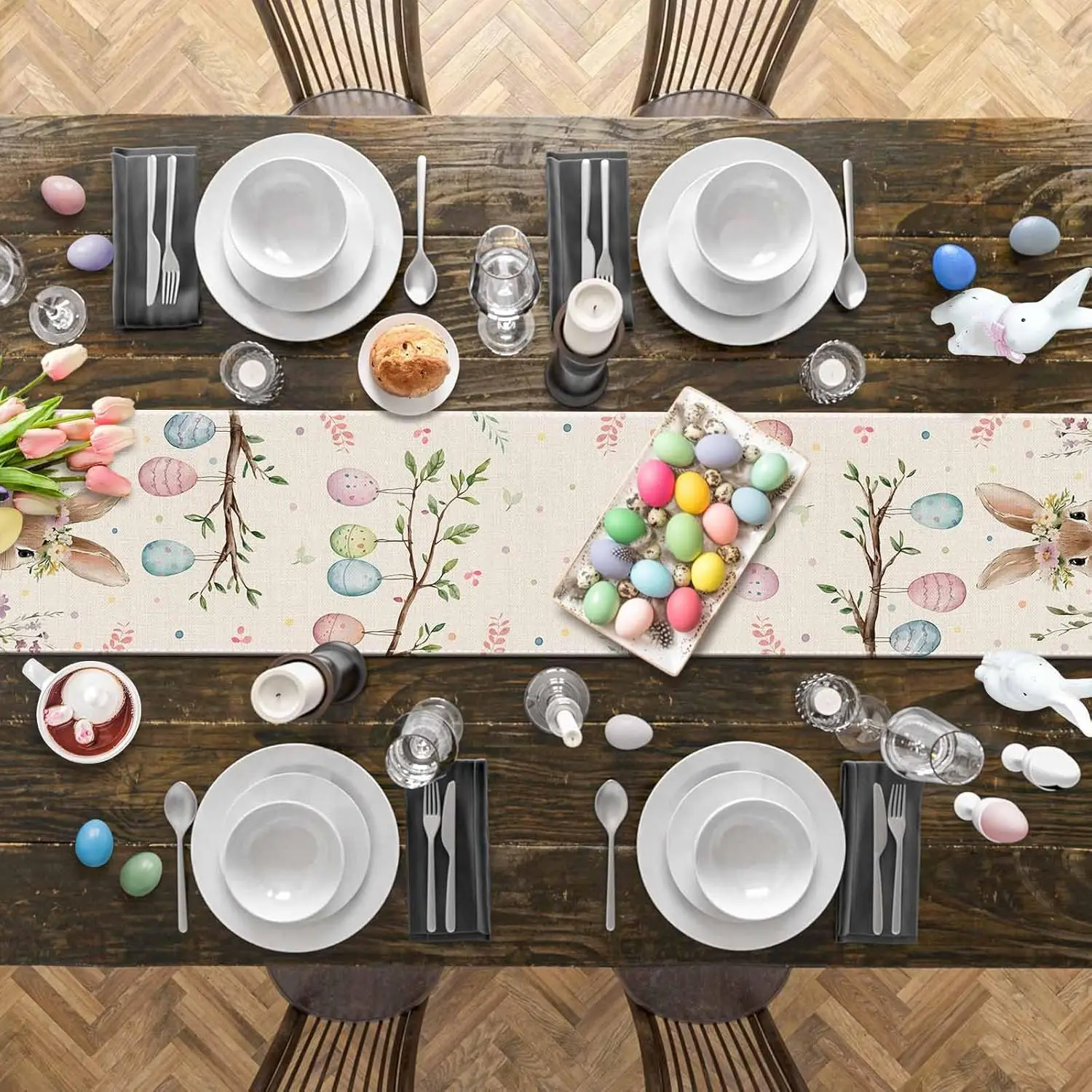 Spring Easter Bunny Eggs Flowers Linen Table Runner Holiday Party Decor Rustic Floral Botanical Table Runners Easter Decorations 4