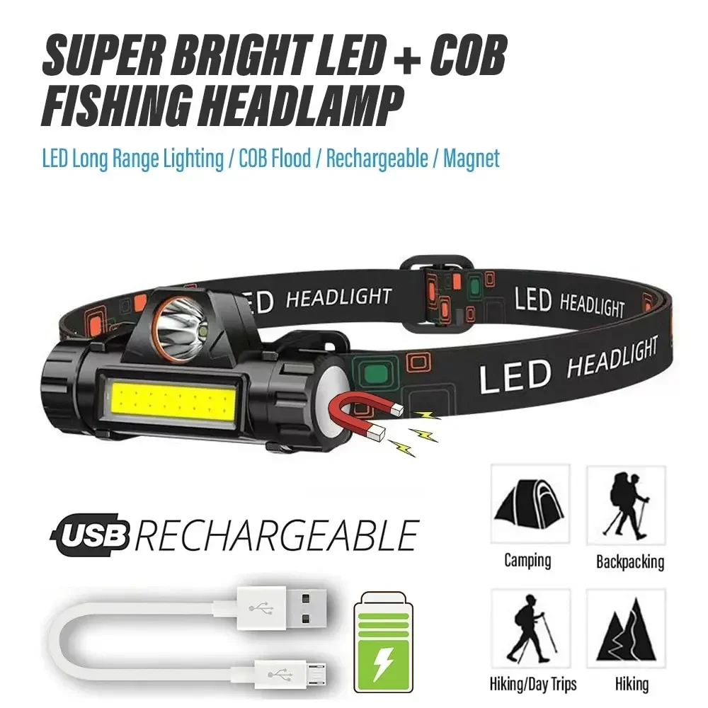 Lampe frontale pêche LED rechargeable 2 modes avec aimant queue détachable pour pêche et camping