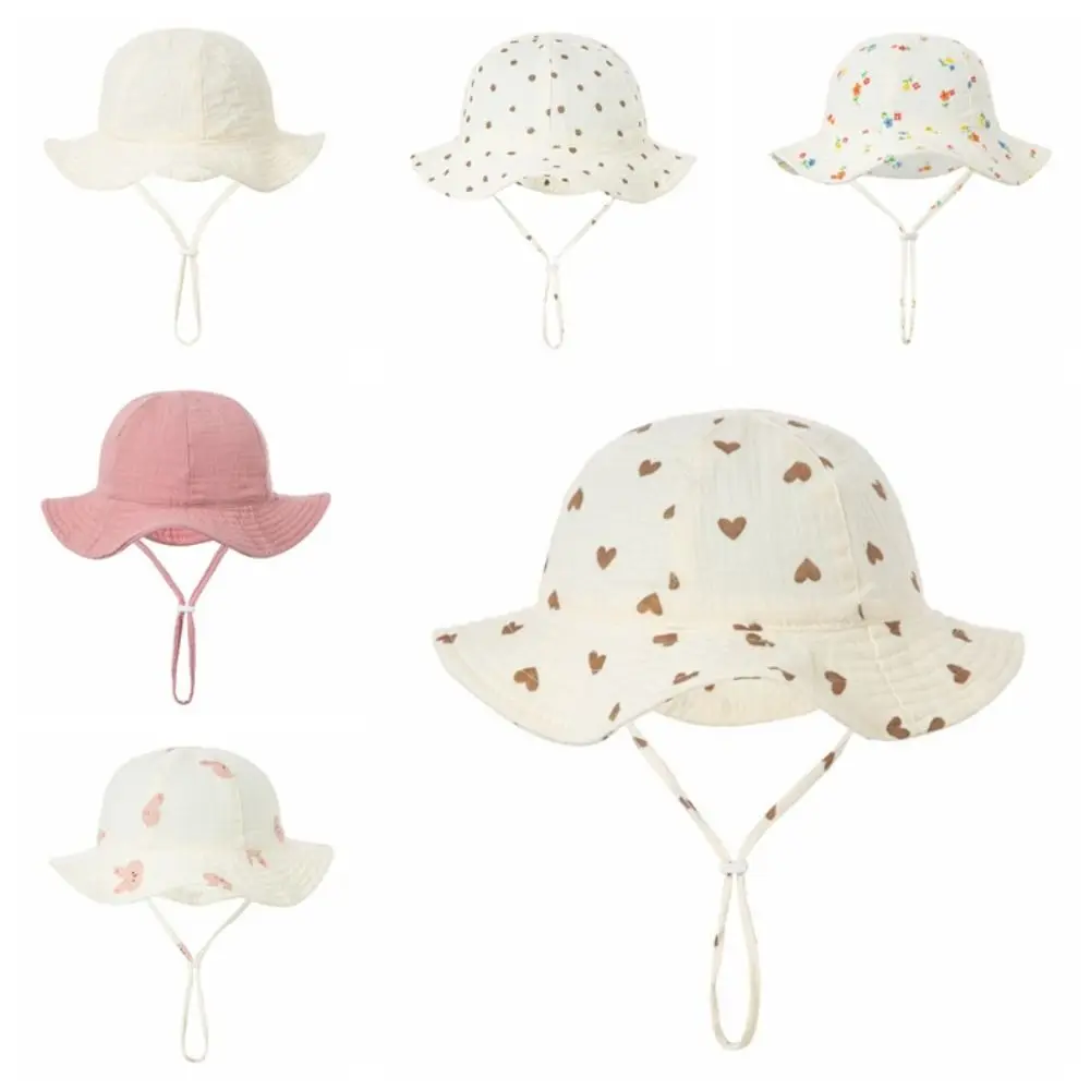Comfortable Cotton Infant Bucket Hat Love Heart Wide Brim Kid Sunhat Flower with Strap Children's Fisherman Hat Kid