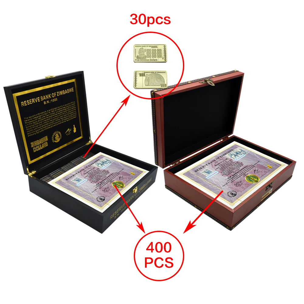 

400pcs New Zimbabwe Large Souvenir Coupon Banknotes Top Nonillon Containers with UV Mark with 2 Different Boxes Worth To Collect