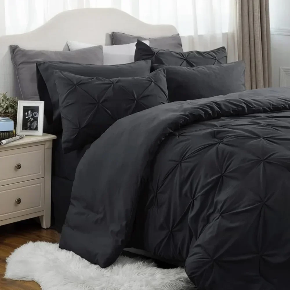 

King Comforter Set King Bed Set 7 Pieces, Pinch Pleat Black Cali King Bedding Set with Comforter,Sheets,Pillowcases Shams