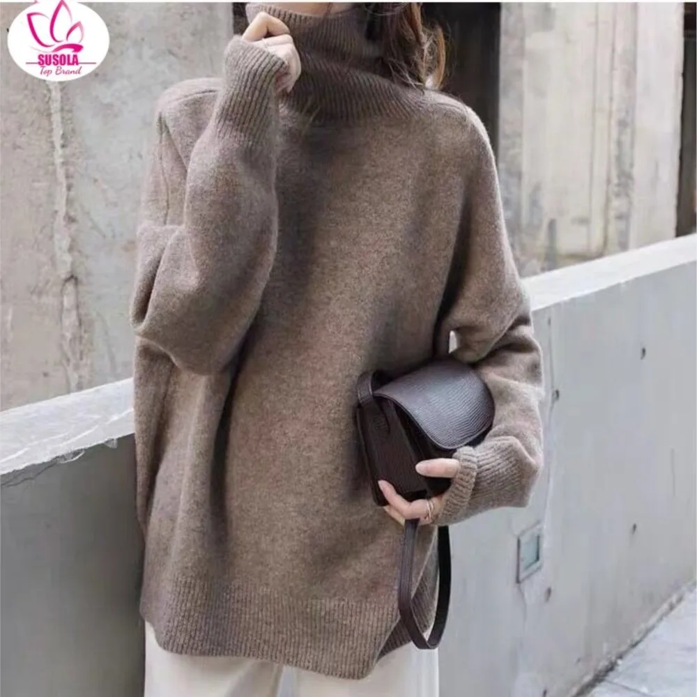 

SUSOLA Turtle Neck Cashmere Sweater Women Korean Style Loose Warm Knitted Pullover Lady Winter Outwear Lazy Oaf Female Jumpers