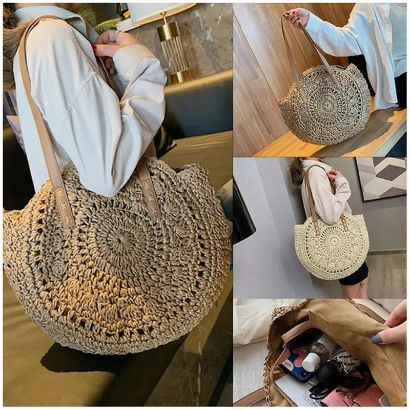 

Round Straw Beach Bag Vintage Handmade Woven Shoulder Bag Raffia circle Rattan bags Bohemian Summer Vacation Casual Bags