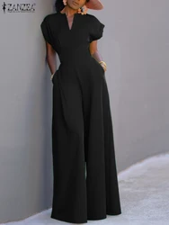 ZANZEA Casual Short Sleeve Playsuit 2023 Summer Women Long Jumpsuit Elegant Wide Leg Pants Romper Holiday Communting Overalls