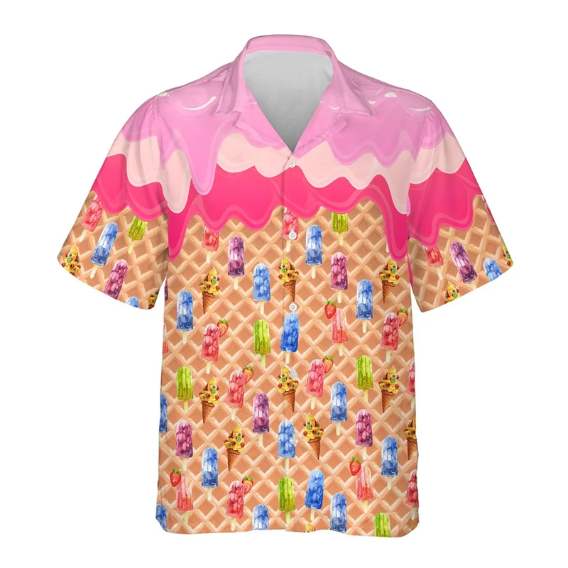 thumbnail image 1 of Camisa hawaiana con estampado 3D de helado abstracto para hombre, camisas hawaianas con estampado de paletas de dibujos animados, blusas casuales holgadas, blusas de manga corta, 1 of 5