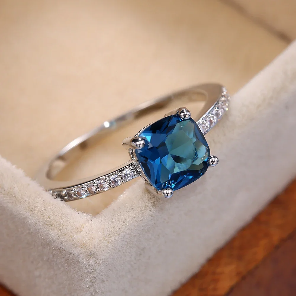 Soft Blue|elegant Cubic Zirconia Square Blue Engagement Ring