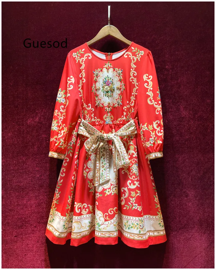 

Fashion Women French Royal Vintage Handmade Beading Slim Waist Elegant Red Dress 2022 New Arrive