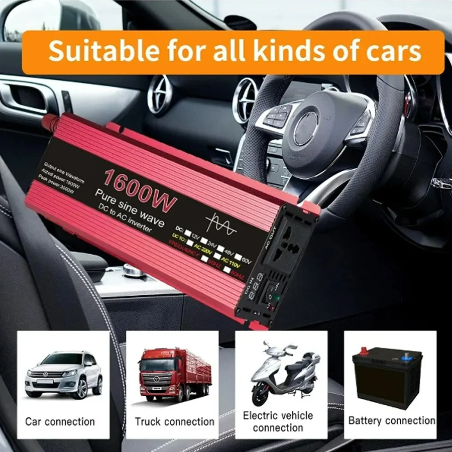 Sine Wave Inverter Pure DC 12V/24V To AC 110V/220V 1000W 1600W 2000W 2200W Portable Power Bank Converter Solar