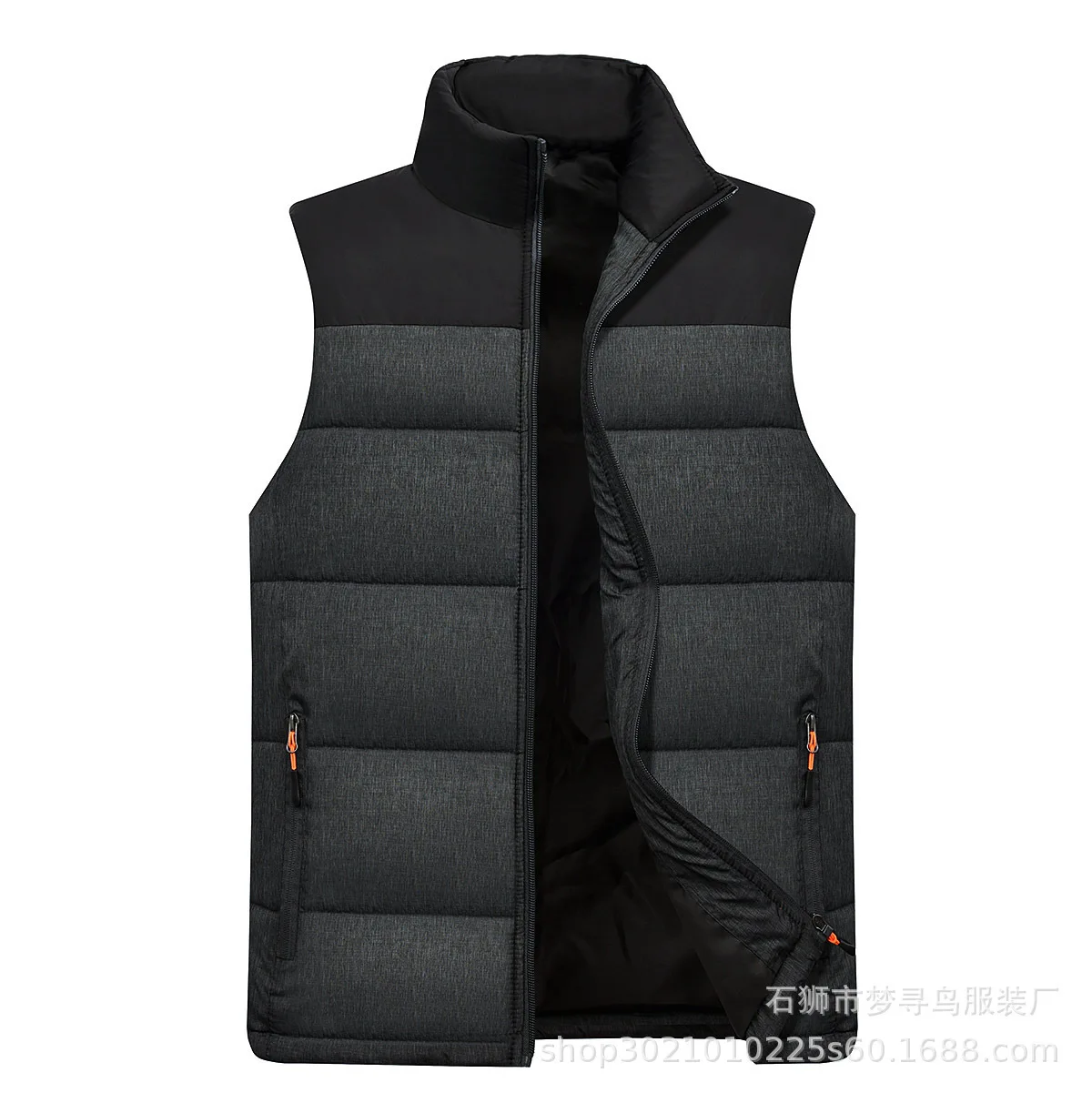 Cross-Border Men's Autumn/Winter Down Cotton Warm Vest Color Block Stand Collar Motorcycle Rider Jacket Thickened Shoulder Vest
