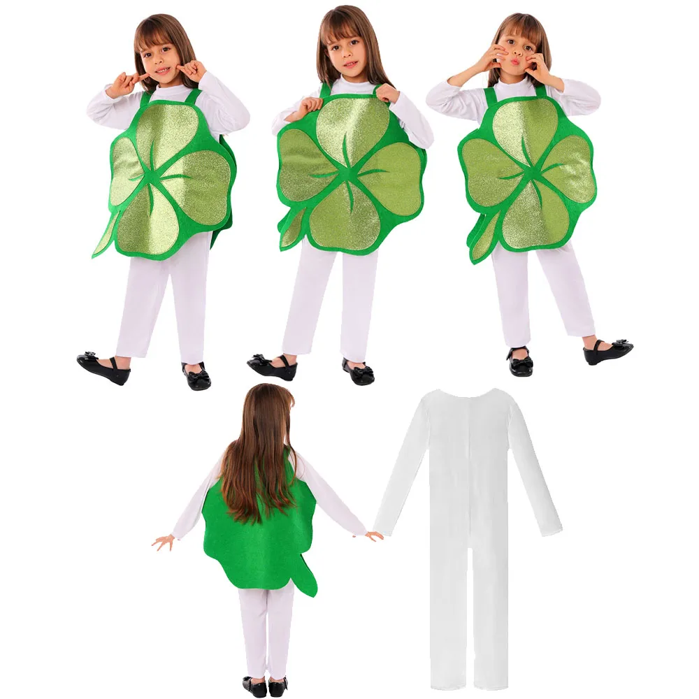 

Kids Girls Lucky Irish Clover Costume Fantasy Jumpsuit Vest Outfit St Patricks Day Holiday Cosplay Halloween Carnival Party Suit