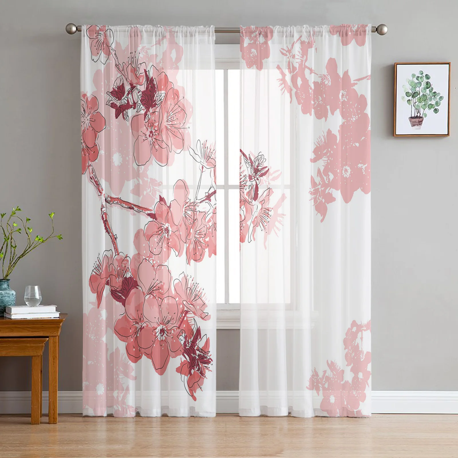 

New Pink Cherry Blossom Tulle Curtains for Living Room Bedroom Decoration Chiffon Sheer Voile Kitchen Window Curtain Drapes