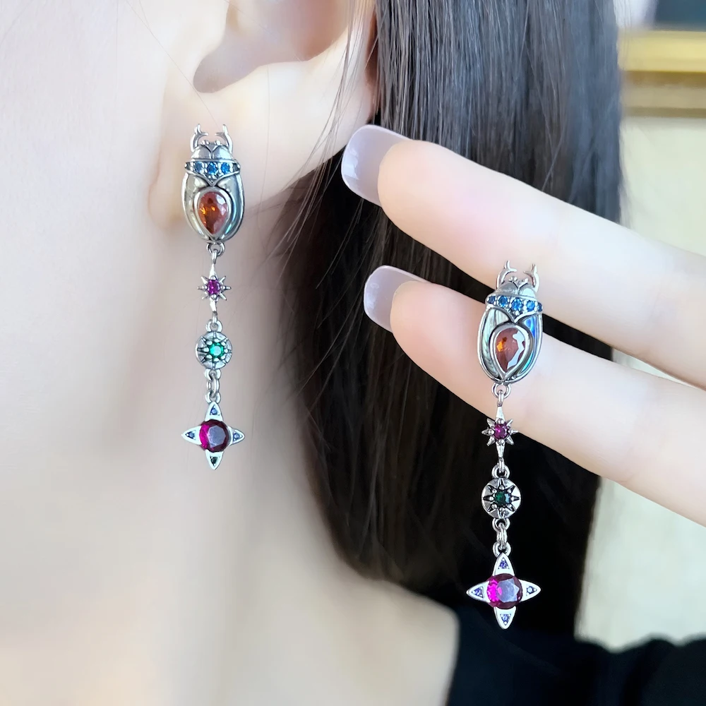 Tropfenohrringe mit Skarabäus-Motiv, Wassersternflügel, edler Schmuck, Vintage, für Damen, Herbst, neues Glücksgeschenk, massives 925er-Sterlingsilber – Detail 25