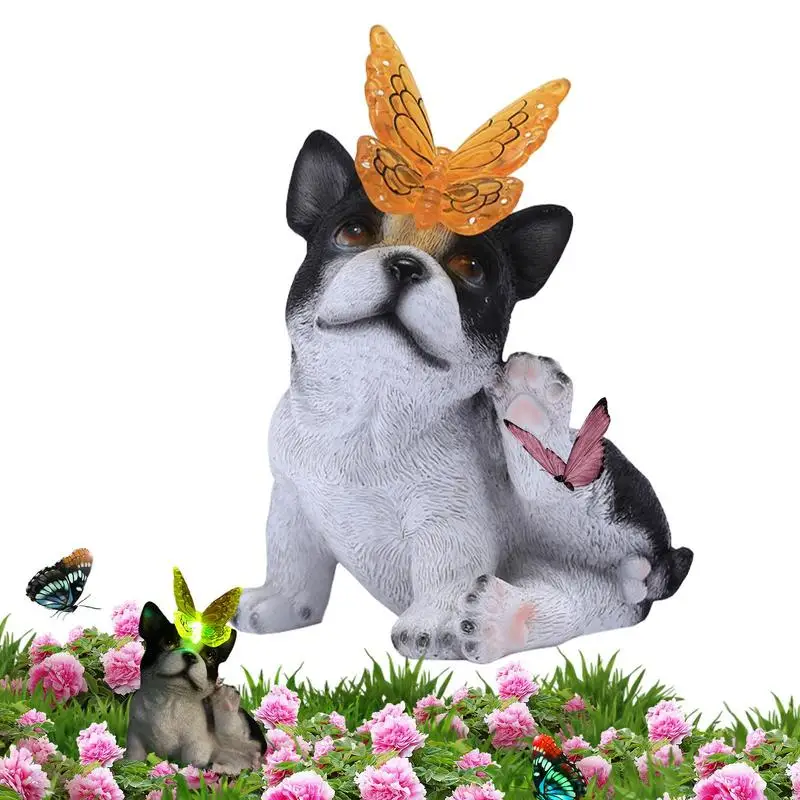 

Solar Animals Garden Statue Solar-Powered Outdoor Bulldog Sculpture Dog Butterfly Figurine Outside Decor Resin Puppy Playing