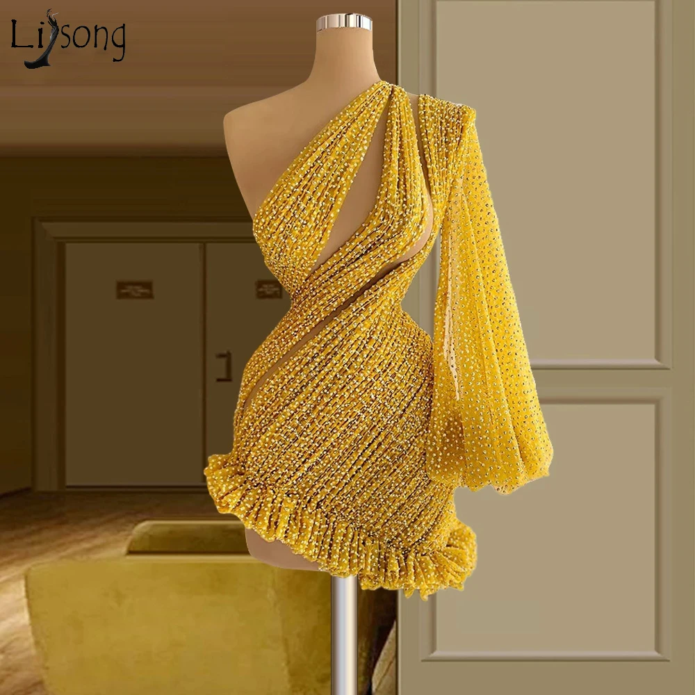 Yellow Lantern Sleeves Pearls Short Prom Dresses 2022 One Shoulder Beading Mermaid Cocktail Dress Illusion Party Night Gowns vintage prom dresses Prom Dresses