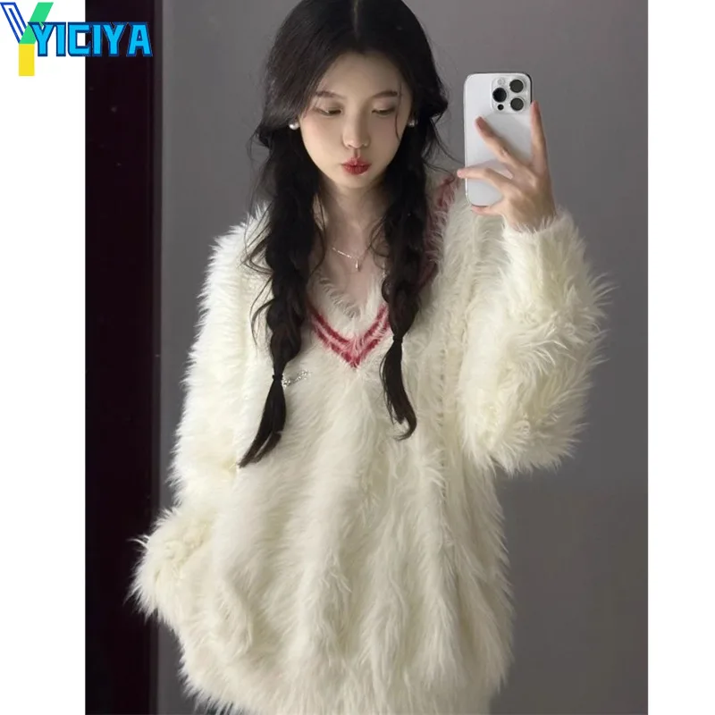 

YICIYA Imitation mink wool sweater white Mohair v-collar Pullover Thickening Korean fashion Women Knitted new outfit Knitwear