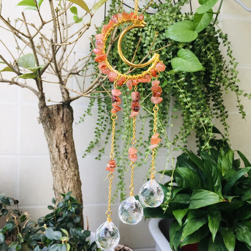 Natural Amethyst Stone Hollow Moon Crystal Decorative Wind Chime Sun Catcher Stone Necklace Crystal Necklace Jewelry Charms