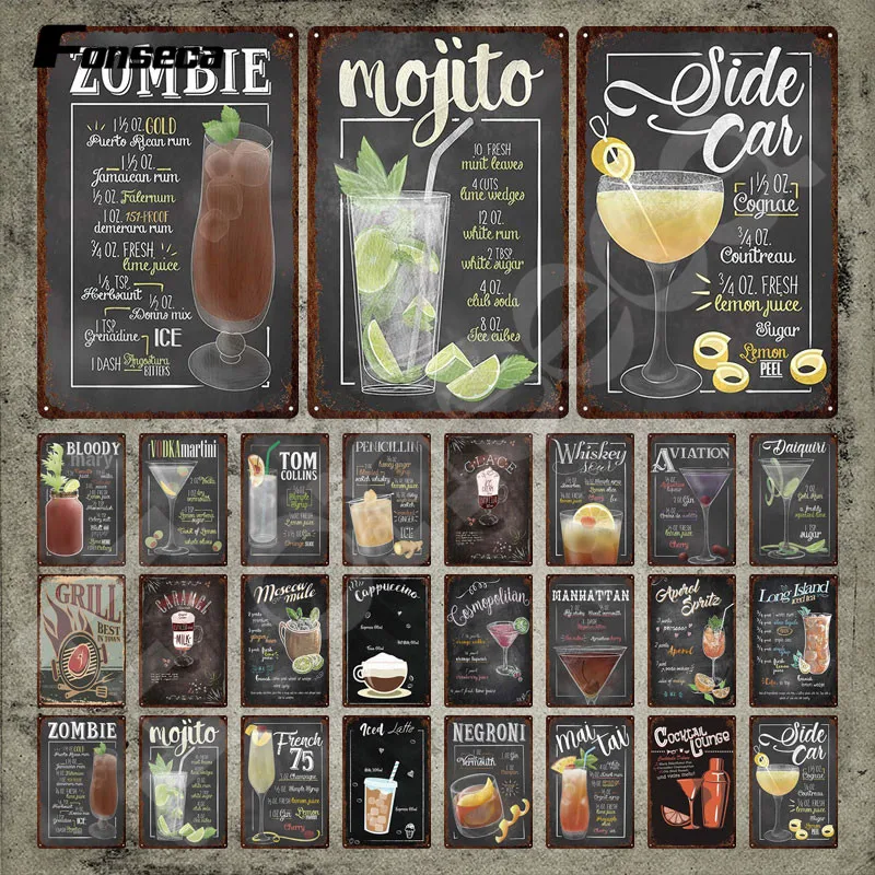 

Cocktail Metal Sign Zombie Mojito Negroni Alcoholic Fruit Drinks Tin Sign Vintage Plaque Iron Painting for Bar Pub Club Decor