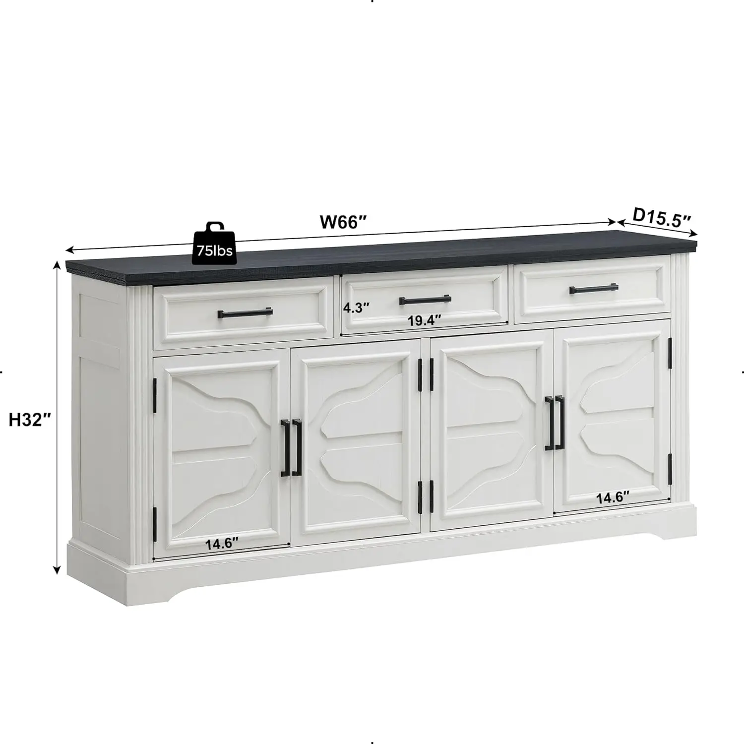 Large Buffet Sideboard Cabinet with 4 Doors and 3 Drawers, for Dining Room, 2