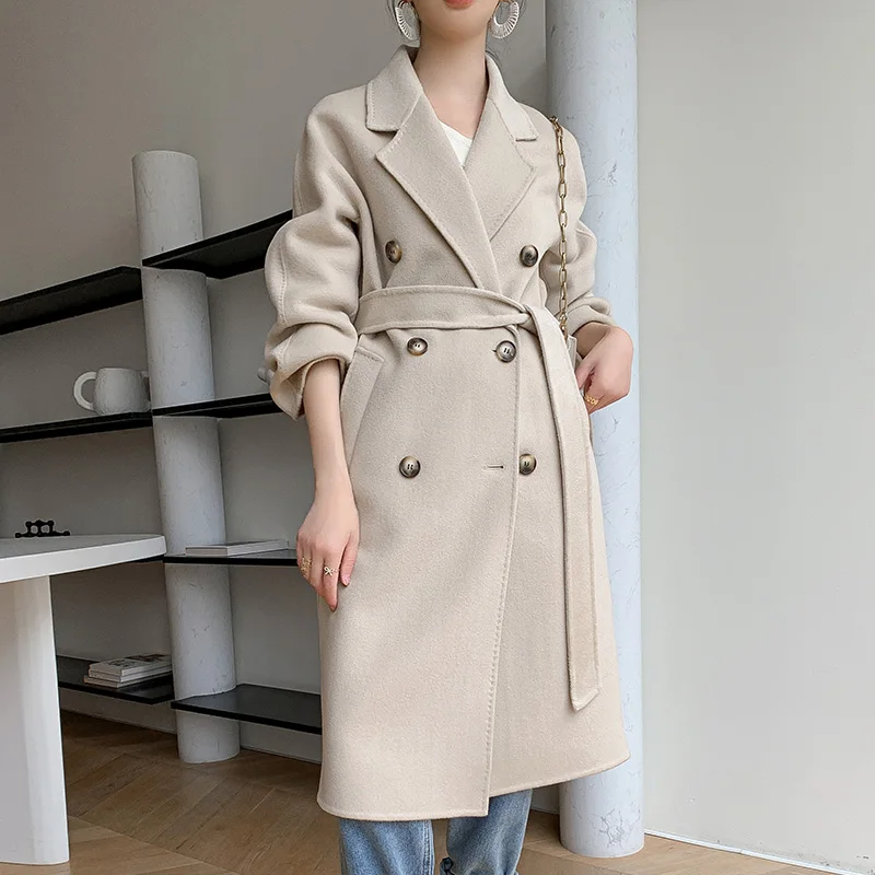 23Autumn Winter New Double Sided Woolen Coat Women's V-Neck 100% Pure Wool Loose Medium Length Korean Belt Temperament Wool Coat high quality beach wool scarf korean women s fashion real fur warm scarf double sided thick temperament short neck new 2023