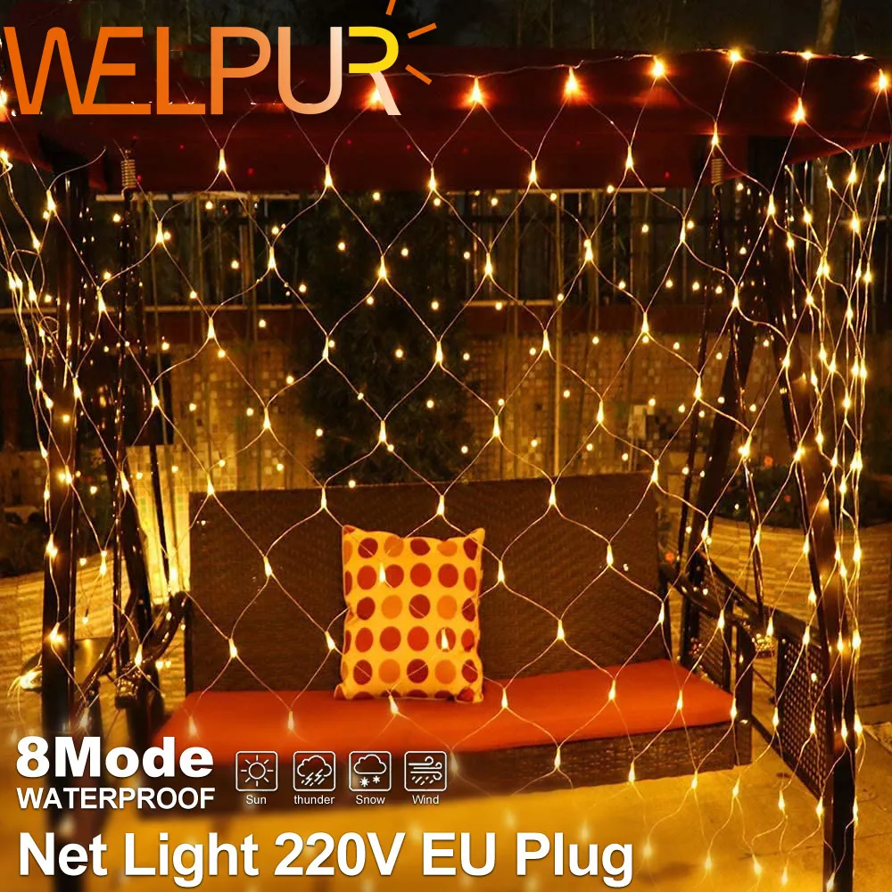 Net LED String Lights 8 modalità 220V 1.5x1.5m 3 x2m Festival decorazione natalizia capodanno festa di nozze impermeabile