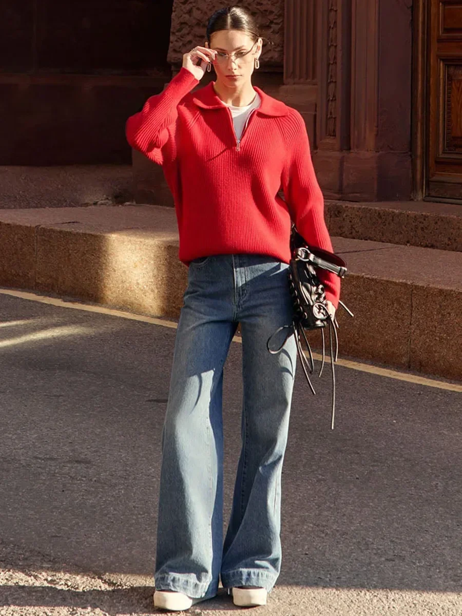 Bornladies  Autumn Winter Simple Casual Polo Collar Pullover Sweate Office Lady  Warm Knitted Top Women's Knitted Long Sleeves