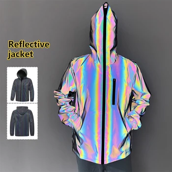 Colorful Reflective Jacket Men Women Night Outdoor Cycling Jogging Coats Windproof Hooded Clothes Fashion Hip-hop Streetwear