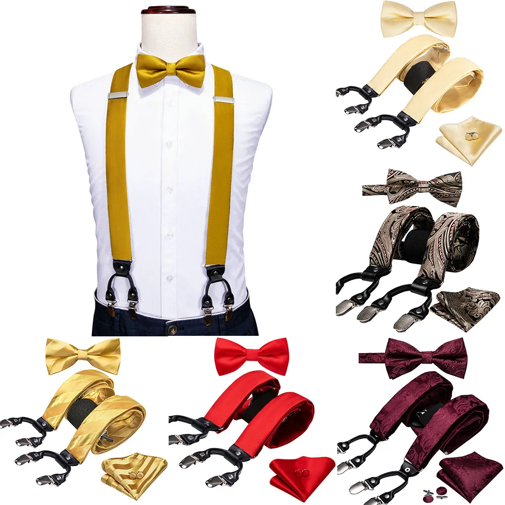 

Dark Gold Men Suspenders With Bowtie Silk Pocket Square Cufflinks Set Classic Solid Adjustable 6 Clips Business Barry.Wang 2099