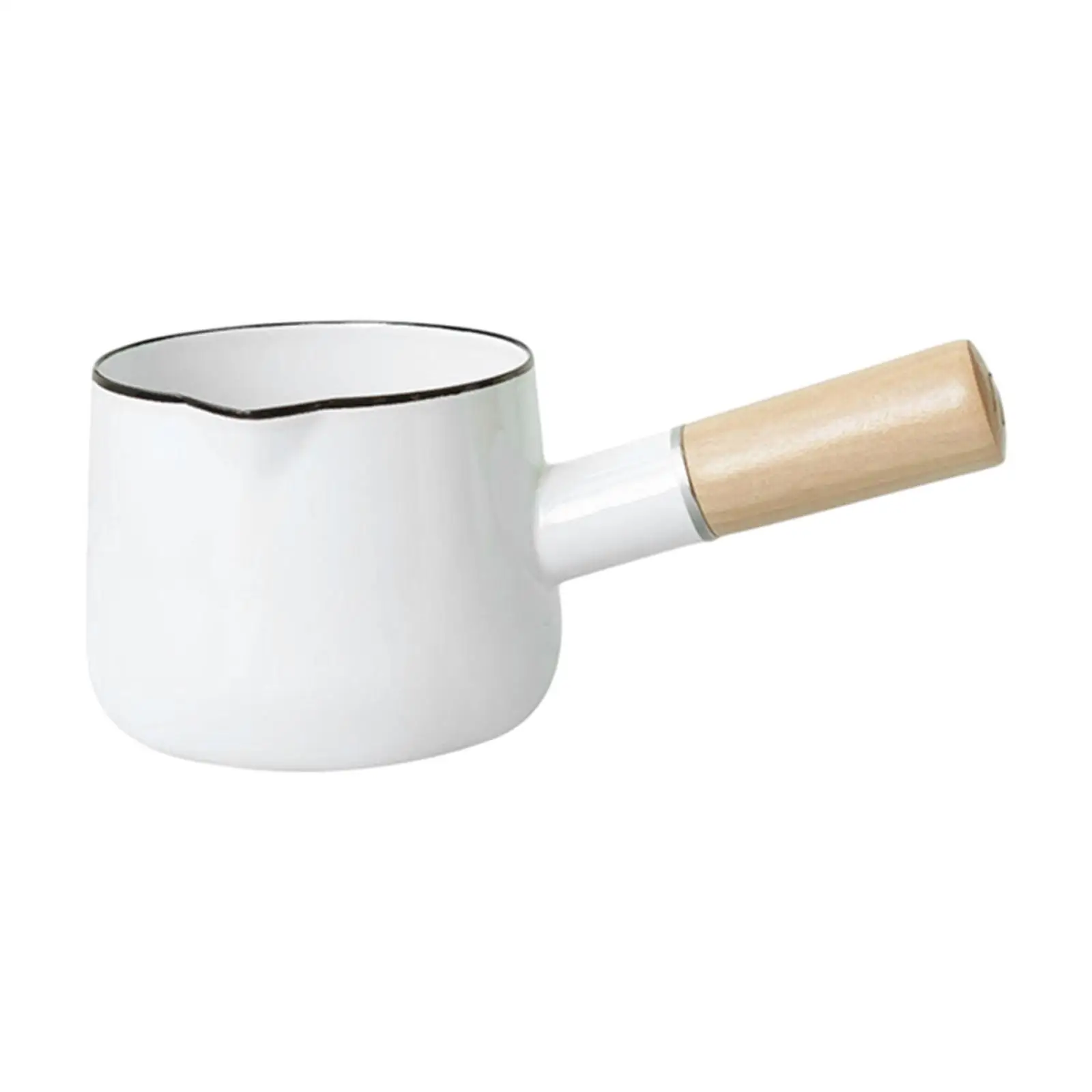 Enamel Milk Pan White Enamel Pot Enamel Milk Pot Mini Butter Warmer Wooden Handle Milk Warmer for Picnic Restaurant Home Kitchen