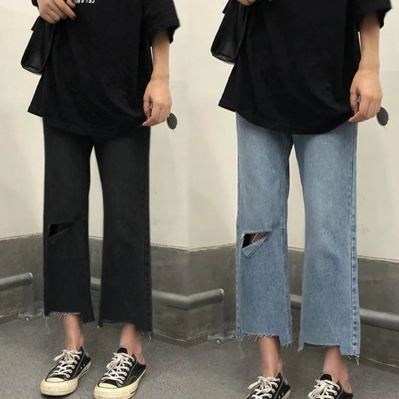 

Gaodinglan S To 4XL Large Size Loose Women Jeans Summer Ankle Length Hole Denim Pants Pear-shaped Body Wide Leg Trousers Female