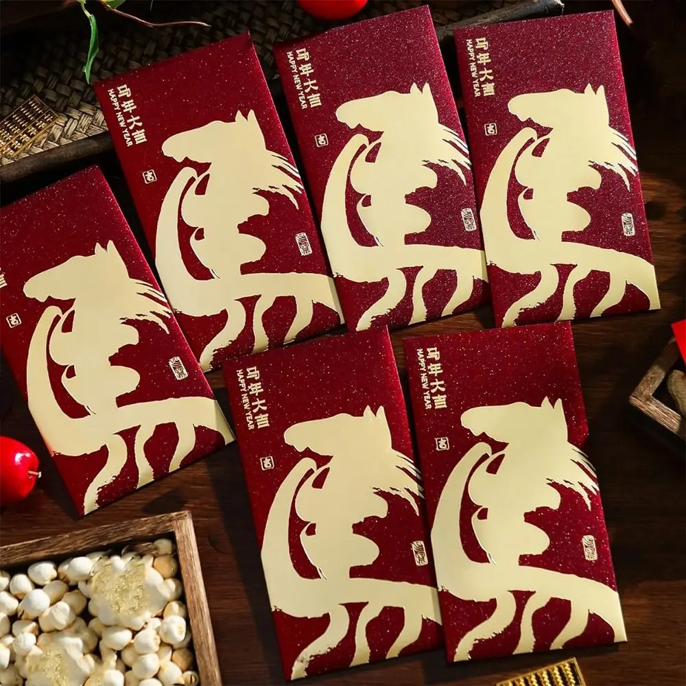 6pcs 2026 Horse Year Chinese New Year Red Envelope Traditional Blessing Lucky Money Envelopes Cartoon Thickened Money Bag