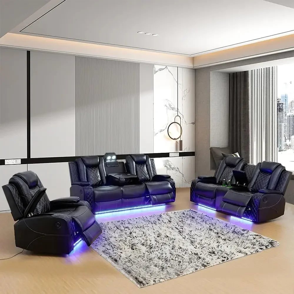 [Best Seller!]Multifunction Power Air Leather Recliner Sofa Set with LED Lights, Living Room Furniture, Reclining Sofa, loveseat