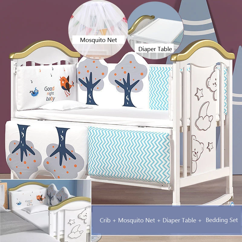 

1M Wood Baby Crib With Mosquito Net And Diaper Table , Bedding Set, Baby Cot, Bed, Rocker Mattress Multifunctional Child Bed