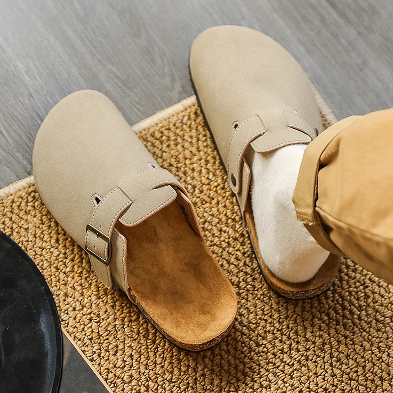 Popular Cow Suede Men's Clog Slippers Men's Suede Clogs Leather Mule Cork Foot Bed Sandals Beach Slide Bowtoe Shoes