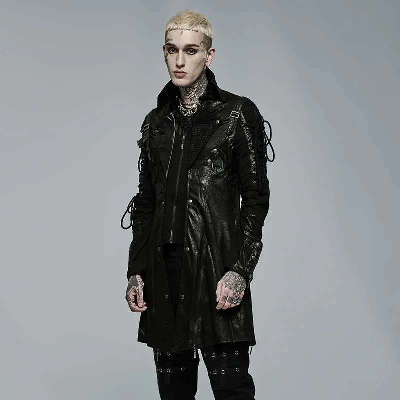 Description Picture 6 of itemPUNK RAVE Men's Punk Style Military Jackets Faux Leather Slit Unisex Gothic Retro Men Long Coats Autumn Winter Black & Red
