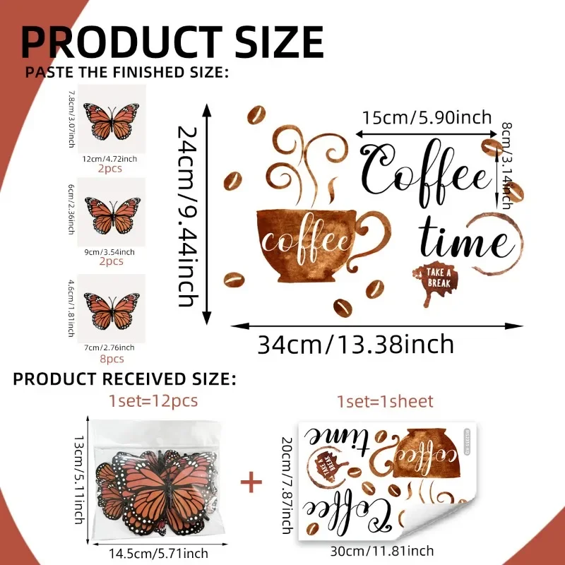 1pcs Coffee Time With 12 3D Butterflies Wall Sticker Removable PVC Waterproof Wall Decoration For Tea Room Restaurant Kitchen