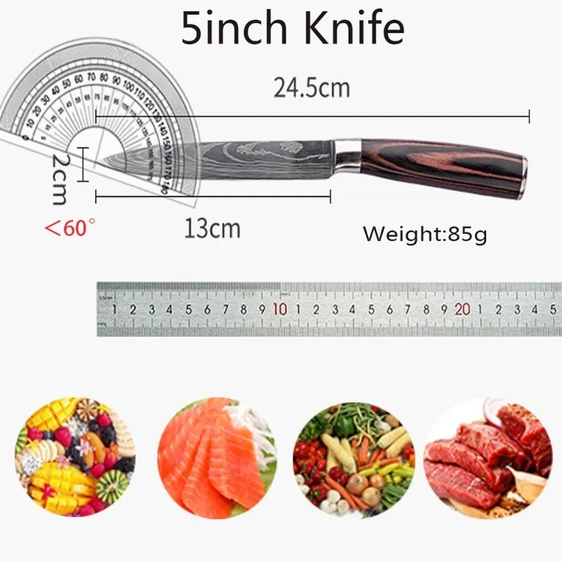 Cuchillo de cocina con patrón de Damasco láser 7CR17, utensilio de 5 pulgadas para deshuesar carne, pescado, fruta, carnicero, accesorios de cocina